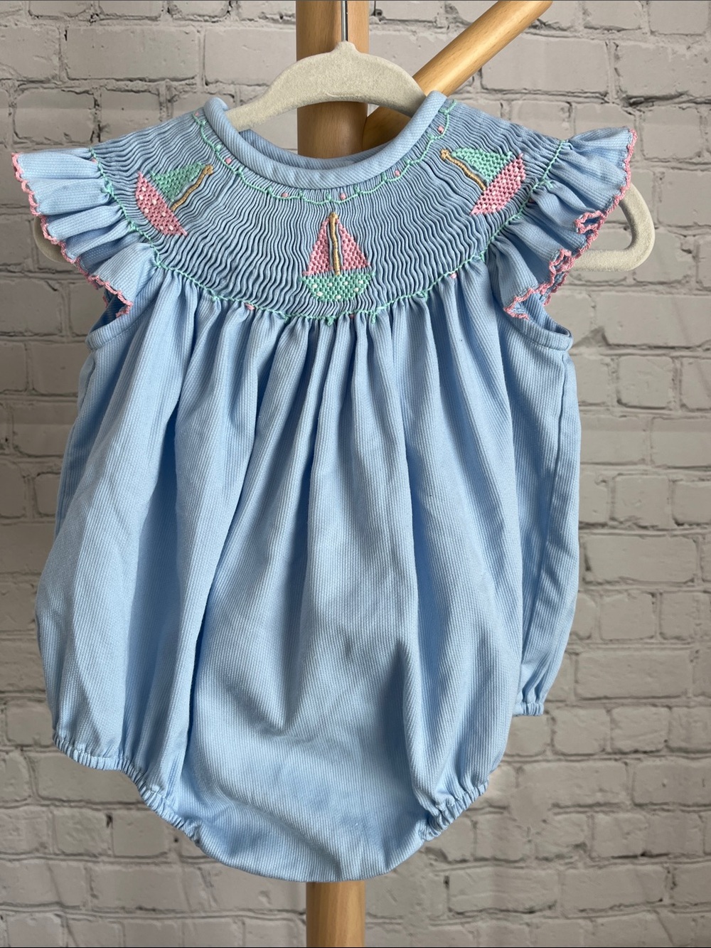 Le Za Me Baby Girl Blue Smocked Sailboat Bubble Romper